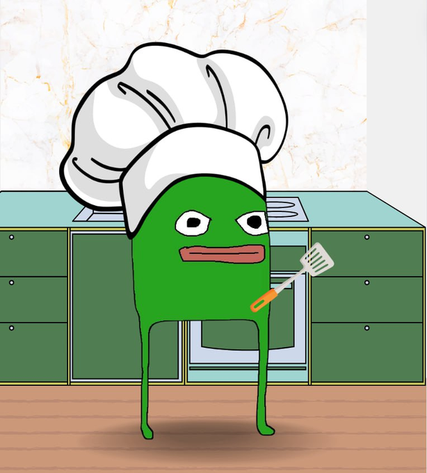 An animated green Pepe-style character wearing a white chef's hat, holding a spatula in front of a kitchen background with green cabinets and an oven.