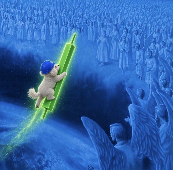 An animated white dog wearing a blue hard hat rides a green candlestick chart that glows upward like a rocket, soaring past stone angel statues and an angel crowd in a blue-toned heavenly scene.