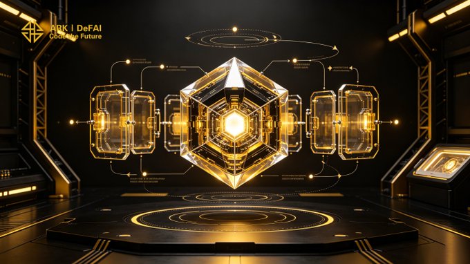 The image showcases a futuristic, golden-lit sci-fi chamber featuring a central glowing hexagonal core surrounded by orbiting geometric panels, with the branding "ARK | DeFAI: Code The Future" visible in the upper left corner. This high-tech visualization symbolizes Arkie's evolution into an integrated intelligent system, where the interconnected hexagonal hub represents AI agents and workflows converging into a single, unified execution engine that scales intelligence as one cohesive unit.
