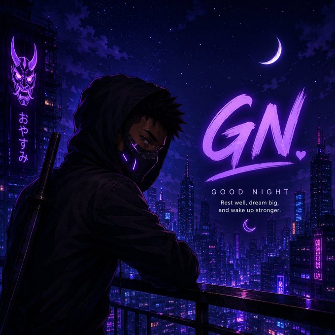 An anime-style illustration of a hooded, masked ninja character overlooking a neon-lit cyberpunk cityscape at night, with "GN - GOOD NIGHT" text and the message "Rest well, dream big, and wake up stronger."