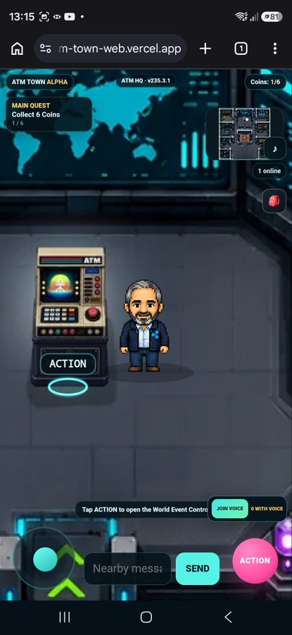 A screenshot from the web game 'ATM TOWN' (v235.3.1) showing a pixel-art character standing next to an ATM machine with a 'MAIN QUEST: Collect 6 Coins' objective and 'ATM TOWN ALPHA' interface elements.