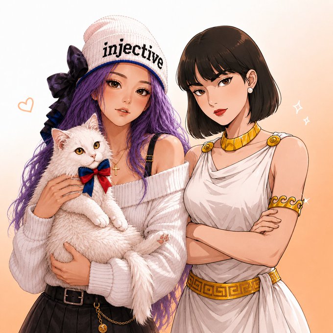 An anime-style illustration of two women; the left has purple hair and wears a beanie labeled 'injective' while holding a white cat, and the right has short black hair and wears a Greek-inspired white dress.