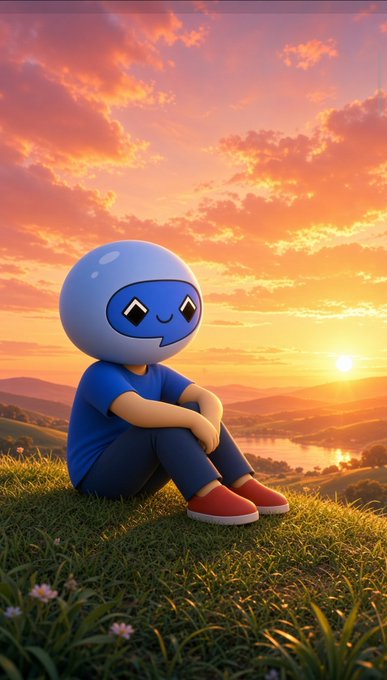 A digital illustration shows a cute character with a large spherical blue head sitting on a grassy hill, watching a sunset over a river landscape.