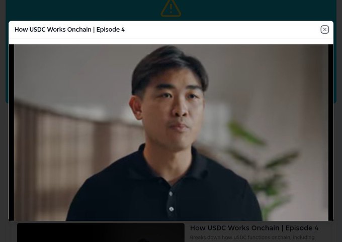 A man in a black polo shirt speaks in a video titled "How USDC Works Onchain | Episode 4," which is linked to a post about understanding USDC's onchain functionality, including its cash-backed reserves, multi-chain deployment, and token standards.