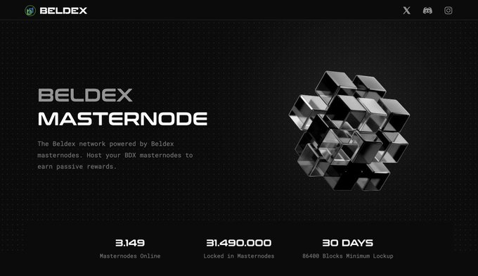 A Beldex website screenshot displaying 'BELDEX MASTERNODE' with statistics: '3,149 Masternodes Online', '31,490,000 Locked in Masternodes', and '30 DAYS / 86400 Blocks Minimum Lockup'.