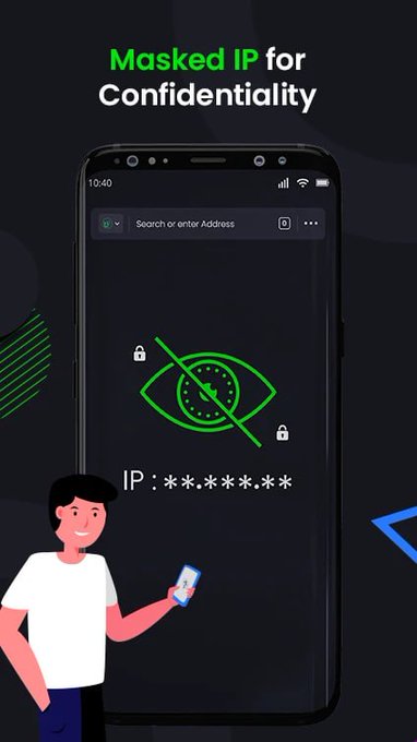 A promotional graphic featuring a cartoon man holding a phone, with the text 'Masked IP for Confidentiality' and a phone screen showing a crossed-out eye and a masked IP address.