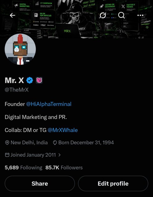 A Twitter/X profile for 'Mr. X' (@TheMrX), Founder of @HiAlphaTerminal in Digital Marketing and PR, located in New Delhi, India, born December 31, 1994, with 5,689 following and 85.7K followers, contact @MrXWhale.
