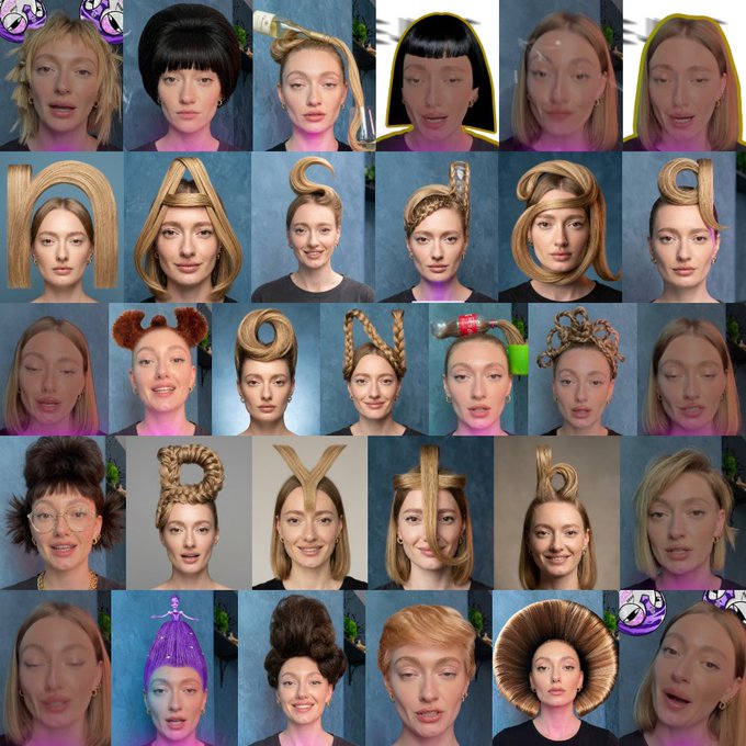 A grid collage showcasing a woman with a variety of creative, exaggerated, and surreal hairstyles, from sculptural braids and updos to letter-shaped styles spelling out text, accompanying a social media post about humorously describing 50 different haircut variations.