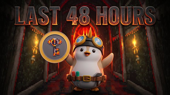 A promotional banner with bold 'LAST 48 HOURS' text featuring a cartoon penguin character wearing goggles, holding a coin with a pixelated symbol against a fiery dungeon background.