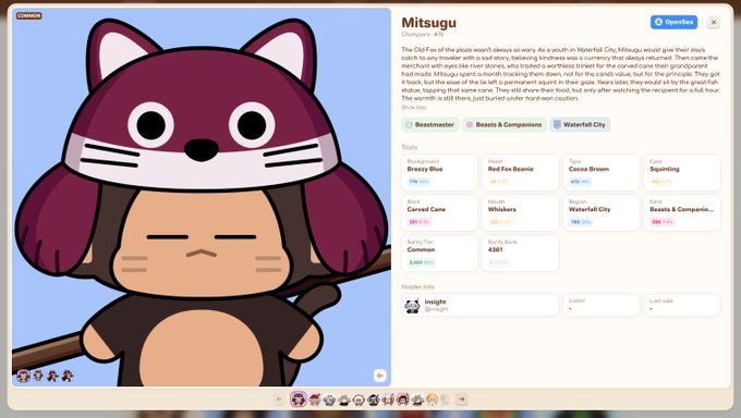 A screenshot from a virtual pet app shows a character profile for 'Mitsugu,' a red-and-white striped cat wearing a maroon raccoon hood, listed as a 'Beastmaster' from Waterfall City.