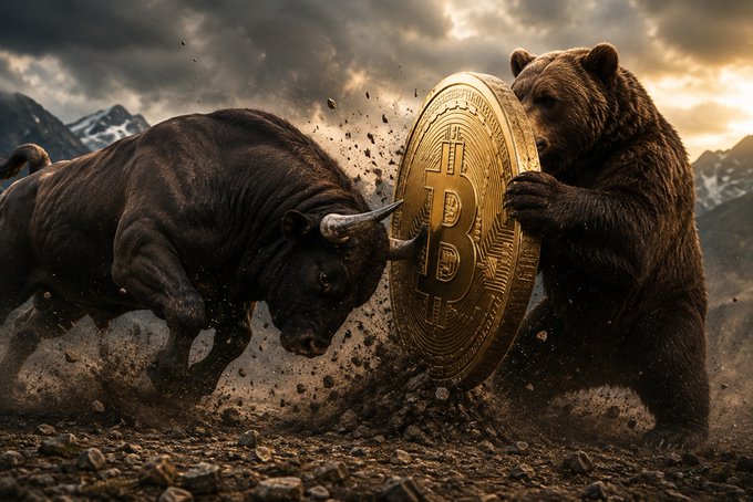 A dramatic AI-generated image of a bull and a bear fighting over a large Bitcoin coin in a rocky, mountainous landscape.