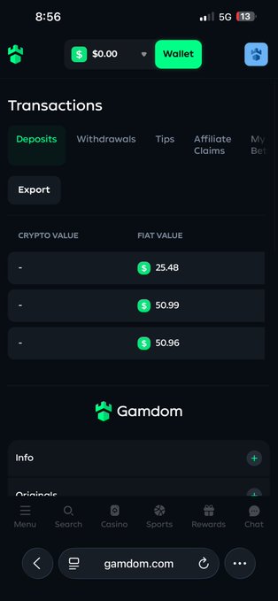A mobile phone screenshot of the Gamdom website showing a transactions page with deposit amounts of $25.48, $50.99, and $50.96, with a time of 8:56 at the top.