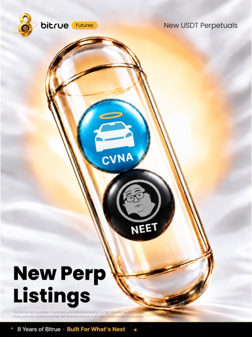 A sleek promotional graphic from Bitrue Futures announces "New Perp Listings" for USDT Perpetual contracts, featuring two coin tokens labeled "CVNA" (with a blue car icon representing Carvana) and "NEET" (with a black icon depicting a NEET character), set against a glowing transparent pill capsule. The ad highlights "New USDT Perpetuals," "8 Years of Bitrue," and "Built For What's Next," aligning with the post's announcement of CVNA and NEET perpetual futures trading starting October 19.