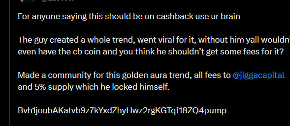 A social media post argues in support of a creator receiving fees for popularizing a 'golden aura' trend, promoting the $cb coin, community, and a 5% supply locked by @jiggacapital.