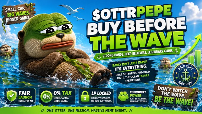 Meme-style cryptocurrency promotional poster for '$OTTRPEPE' featuring a cartoon otter wearing a green beanie floating in ocean water with seagulls and an upward green arrow; text includes 'BUY BEFORE THE WAVE', 'EARLY ISN'T JUST EARLY. IT'S EVERYTHING.', 'LP LOCKED', '0% TAX', 'FAIR LAUNCH', and 'ONE OTTER. ONE MISSION. MASSIVE MEME ENERGY.'