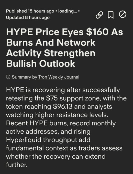 The image displays a news summary titled "HYPE Price Eyes $160 As Burns And Network Activity Strengthen Bullish Outlook," noting the token's recovery to $96.13 after retesting the $75 support zone, with increasing Hyperliquid throughput and active addresses.

This article reinforces the post's sentiment, showing that broader market analysts are already targeting $160 for HYPE while traders await the $100 milestone.