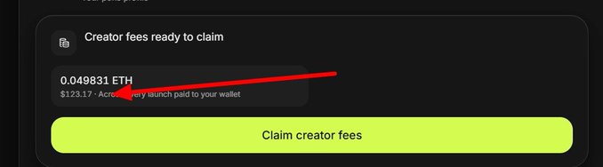 A screenshot showing creator fees ready to claim, displaying 0.049831 ETH ($123.17) with a bright green "Claim creator fees" button, highlighted by a red arrow pointing to the balance—illustrating the post's claim of earning $120+ in 5 minutes through the Pons Family launchpad creator fee feature.