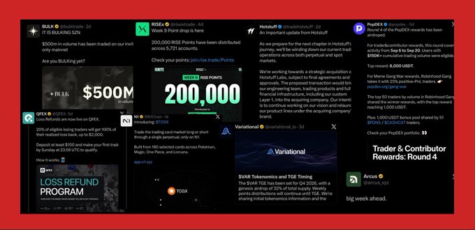 A dark-themed social media feed, possibly Twitter/X, displays posts from accounts like BULK, RISE, HatsuitFi, OFX, MYSTODIA, and Variational, with the prominent text 'Trader & Contributor Rewards: Round 4' on the right.