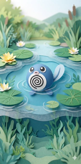 A papercraft-style illustration of a blue, round Poliwhirl-like creature with a spiral belly, swimming in a pond filled with lily pads, white lotus flowers, and aquatic plants.