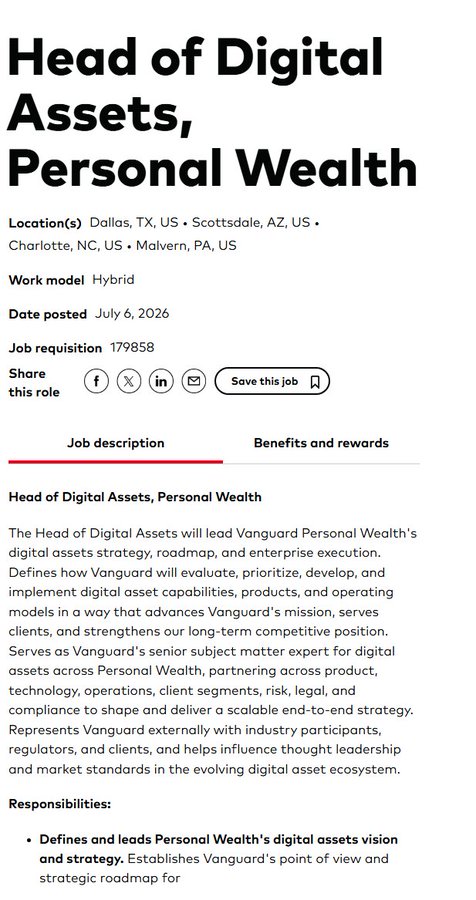 A job listing for 'Head of Digital Assets, Personal Wealth' at Vanguard, posted July 6, 2026 (Job Requisition 179858), for hybrid work across Dallas, Scottsdale, Charlotte, and Malvern, focusing on leading Vanguard's digital assets strategy.