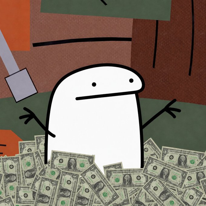 A simple cartoon character with a blank, deadpan expression sits amid a large pile of U.S. one-dollar bills, suggesting unexpected wealth. The image relates to the post about the early $FLORK token listing on Binance, humorously depicting the meme creator's surprise at the quick listing and subsequent financial gain.