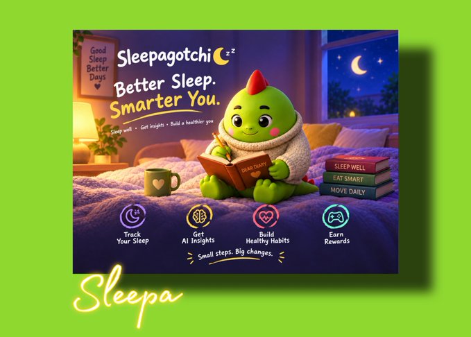 An advertisement for 'Sleepagotchi' displaying a green mascot reading 'DEAD DIARY' on a bed, with text 'Better Sleep. Smarter You.' and features listed: 'Track Your Sleep', 'Get AI Insights', 'Build Healthy Habits', and 'Earn Rewards'.
