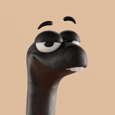 A 3D rendering of a black, worm-like character with large, tired-looking eyes and a slight smirk stands against a plain peach background.
