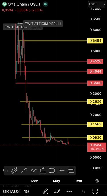 The image is a TradingView chart of the ORTA/USDT pair on FETUSDT, showing a dramatic price collapse from around $0.65 down to $0.0584 (a 5.50% drop highlighted in red), with the Turkish text "TWİT ATTIĞIM YER!!!!" ("Where I tweeted!!!!") marking the sharp selloff. The chart visually supports the post's warning that influencer-driven hype is followed by devastating price destruction, illustrating how retail investors holding worthless meme coins like $GIBI, $ORTA, and $VSTR are left with essentially "no 1 lira" after the pump-and-dump crash.