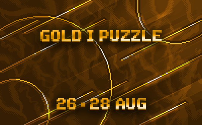 A retro pixel-art style promotional graphic announces a 'GOLD | PUZZLE' event taking place from '26 - 28 AUG' over an orange and yellow checkered background.