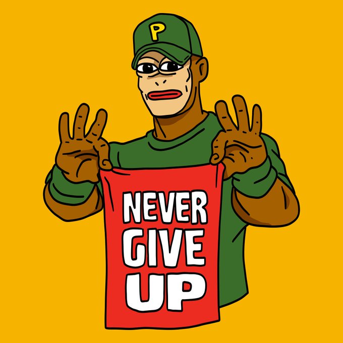 Cartoon character wearing a green cap with 'P', a green shirt, and holding a red sign that reads 'NEVER GIVE UP' against a yellow background.
