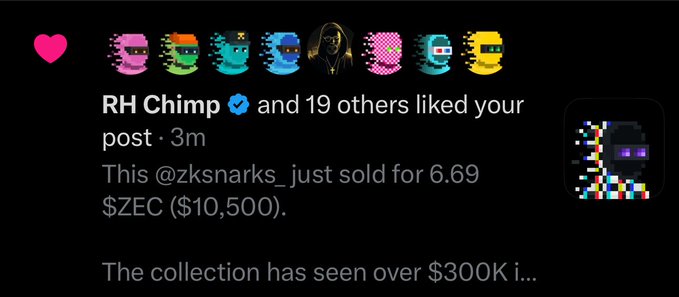 A social media notification showing that 'RH Chimp' (verified) and 19 others liked a post about an NFT (@zksnarks_) that sold for 6.69 $ZEC ($10,500), with the collection having seen over $300K in volume.