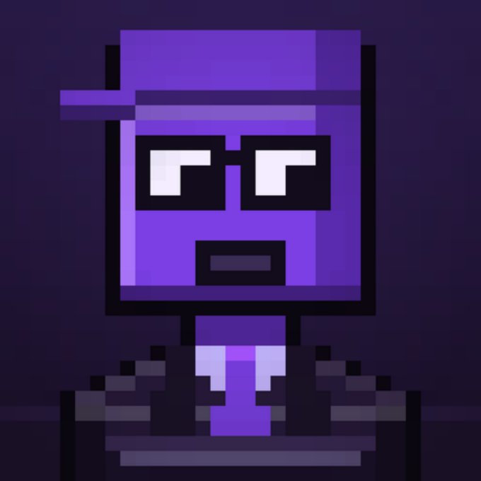 A purple pixel art character wearing glasses, a hat, and a tie against a dark purple background.