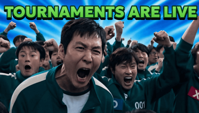 The image shows excited characters from Squid Game cheering enthusiastically, with bold text reading "TOURNAMENTS ARE LIVE" overlaid on top. This promotional visual accompanies an announcement for a Call of Champions tournament running October 1-5, where players can earn Light Tree treasures, aqualamps, and climb a leaderboard for exclusive rewards like fire birds and light tree seeds.