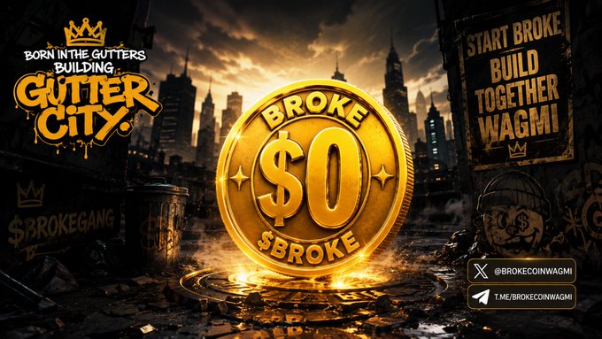 A promotional banner for "$BROKE" cryptocurrency features a large golden coin emblazoned with "BROKE $0 $BROKE" set against a gritty urban cityscape, with text reading "BORN IN THE GUTTERS BUILDING GUTTER CITY" and "START BROKE BUILD TOGETHER WAGMI," alongside social media handles "@BROKECOINWAGMI" on X and "t.me/BROKECOINWAGMI" on Telegram. The image directly ties into the post's message about the project establishing "Gutter City" as a community-driven meme ecosystem built around transparency and participation.