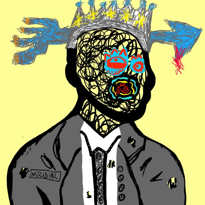 A crude digital drawing of a figure in a suit and tie with a scribbled face, wearing a crown made of blue hands, with the word 'MICIDIAL' written on a name tag.