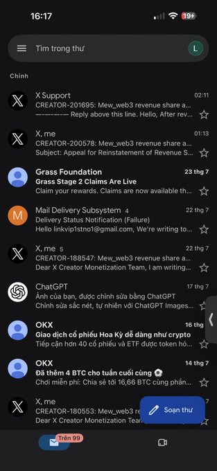 A screenshot of a mobile email inbox displaying various unread messages in Vietnamese and English, including several from "X Support" and others related to crypto topics like "Hoa Kỳ để đăng như crypto" and "BTC".