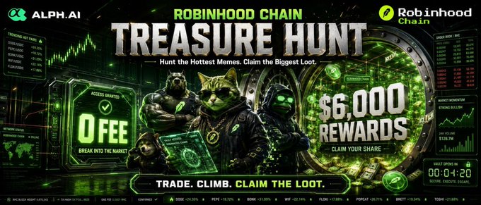 A promotional banner for 'Robinhood Chain Treasure Hunt' on Alph.AI featuring '0 FEE', '$6,000 REWARDS', and animated characters in green attire.