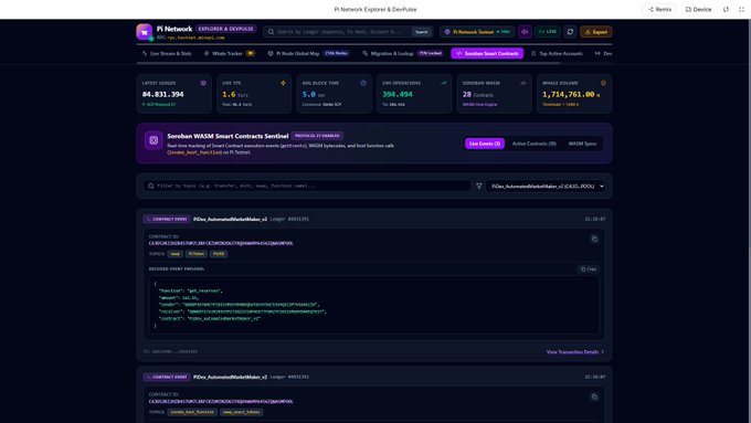 A screenshot of the Pi Network Explorer & DexPulse interface displaying real-time blockchain statistics including 84,831,394 ledger height, 6.5s block time, and 396,494 live operations, with a Soroban Smart Contracts banner and live transmission of the PiDex_AutomatedMarketMaker_v2 (CA3D...POUL) contract at ledger #4,831,394 showing a token swap transaction converting 938.1415107 PI4N7 to 25.4787429 KCOIN via rpc.testnet.minepi.com.