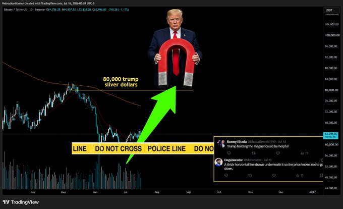 A TradingView chart of Bitcoin/USD shows the price hovering around $63,828, well below the $80,000 mark, with a large green arrow pointing upward toward a cutout of Donald Trump holding a magnet labeled "80,000 trump silver dollars," humorously suggesting that Trump's influence is needed to pull Bitcoin back above that threshold. Tweets from "Jimmy Hicola" and "Dogegambler" reinforce the message that "Trump holding the magnet could be helpful" and that a "thick horizontal line" is acting as a barrier keeping the price down.