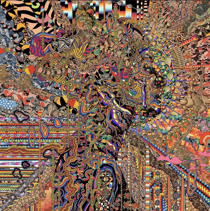 A densely intricate, colorful abstract composition filled with swirling patterns, geometric shapes, and ornamental designs that create a psychedelic visual tapestry.