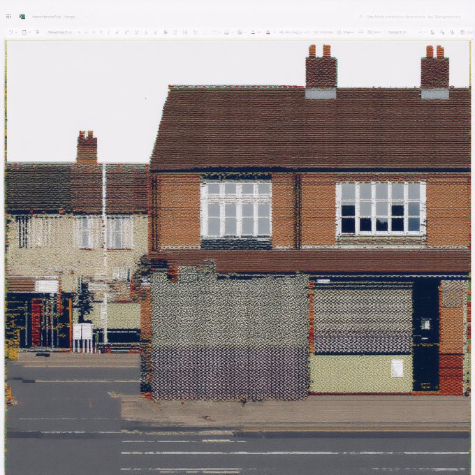 Glitchy, pixelated image showing two British-style brick houses with chimneys, viewed through what appears to be an image editing software interface.