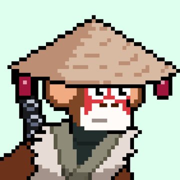 A pixel art illustration of a character wearing a wide straw hat with red tassels and a traditional-style garment.