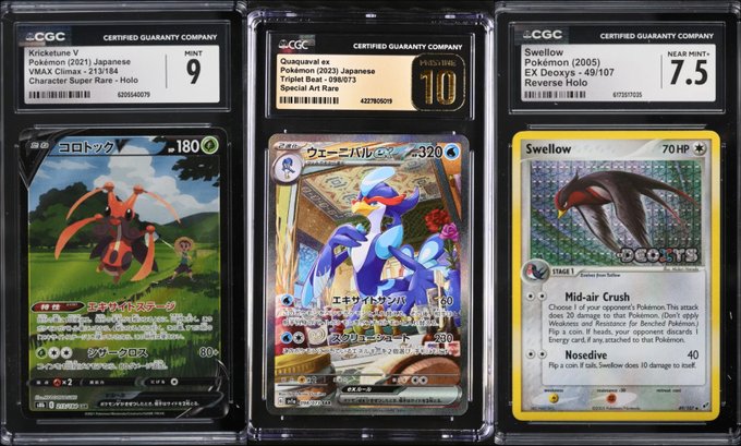 Three CGC-graded Pokémon cards displayed in slabs: a Japanese Kricketune V (Mint 9), a Special Art Rare Quaquaval ex (Prismatic 10), and a Swellow Reverse Holo (Near Mint 7.5).