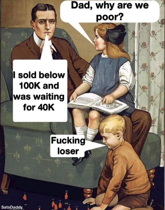 A meme showing a vintage illustration of a father and two children, with the daughter asking "Dad, why are we poor?" The father responds "I sold below 100K and was waiting for 40K," while the son calls him a "Fucking loser" in reference to Bitcoin trading.