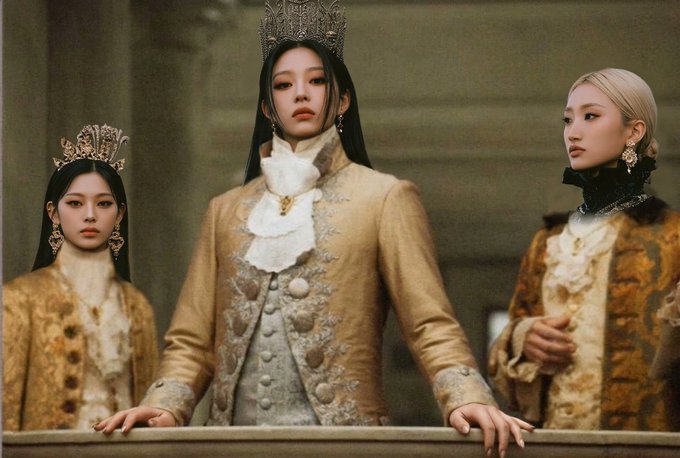 Three Asian women in luxurious baroque-style royal attire with crowns, standing on a balcony, styled like a modern luxury fashion editorial.
