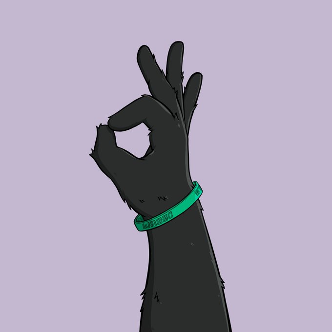 A digital illustration of a dark, furry hand making an 'OK' gesture, wearing a green wristband with the text 'WAGBO'.