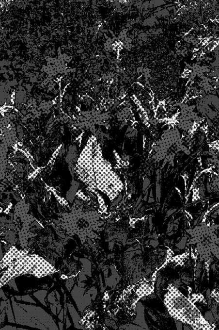 A black and white abstract halftone illustration featuring chaotic, fragmented geometric patterns and shapes with high contrast dot shading.