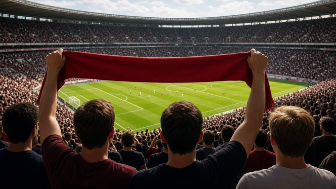 Fans holding up a red banner in a packed stadium, viewed from behind, watching a football match on the green pitch below.