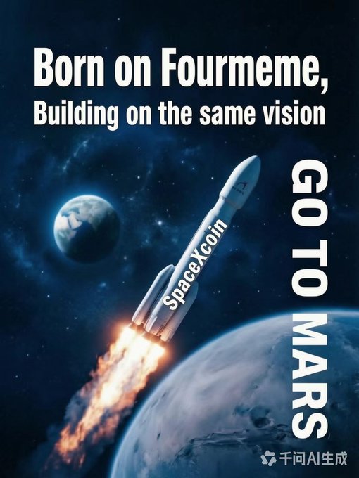 A digital graphic showing a rocket labeled 'SpaceXcoin' launching from Earth toward Mars, with the text 'Born on Fourmeme, Building on the same vision' and 'GO TO MARS', with a watermark '千问AI生成' (Qianwen AI generated) in the corner.