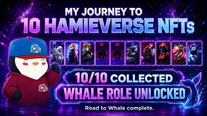 A digital graphic promoting NFT collection reads 'MY JOURNEY TO 10 HAMIEVERSE NFTs', '10/10 COLLECTED', and 'WHALE ROLE UNLOCKED - Road to Whale complete.', featuring a penguin character and a row of NFT avatars.
